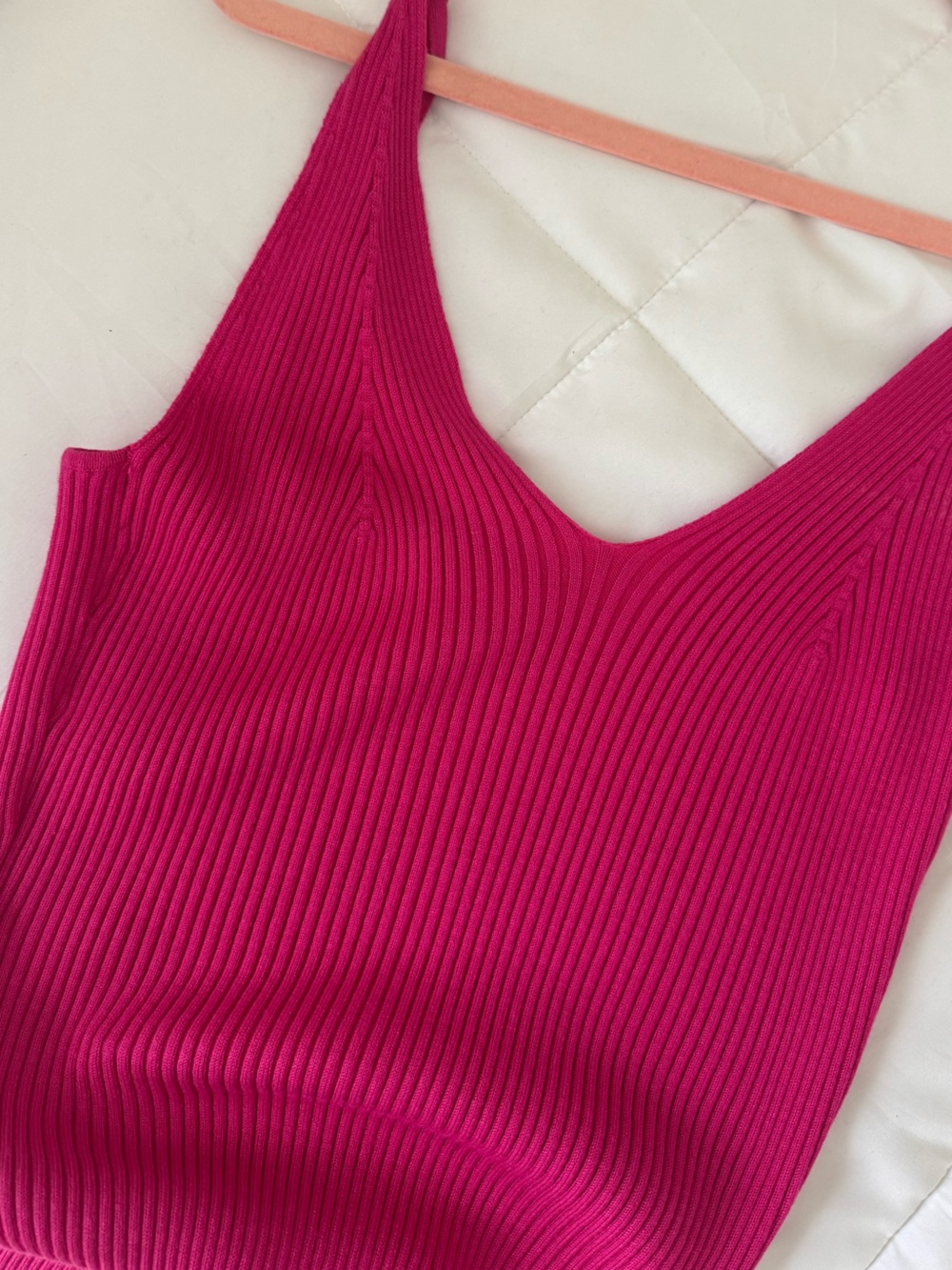 Freshman Hot Pink Ribbed V-Neck Midi Dress - Picture 6 of 6